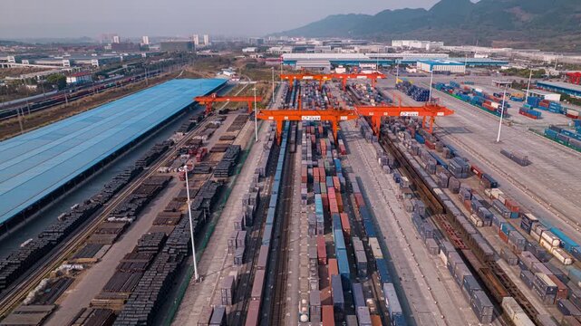 Rail freight container terminal with gantry cranes and cargo yard