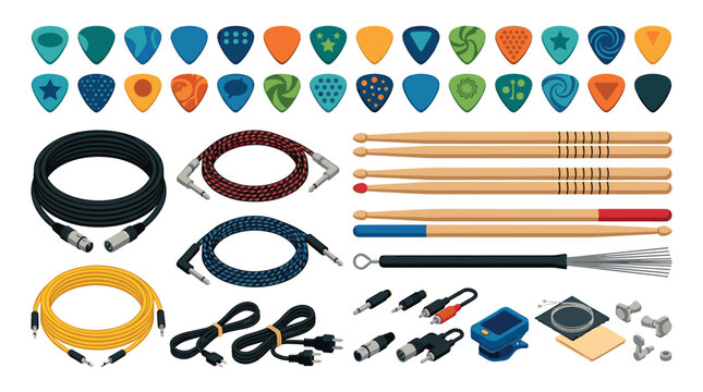 A comprehensive collection of guitar picks, assorted audio cables, drumsticks, and electronic music connectors are arranged neatly on a plain white surface for studio use.
