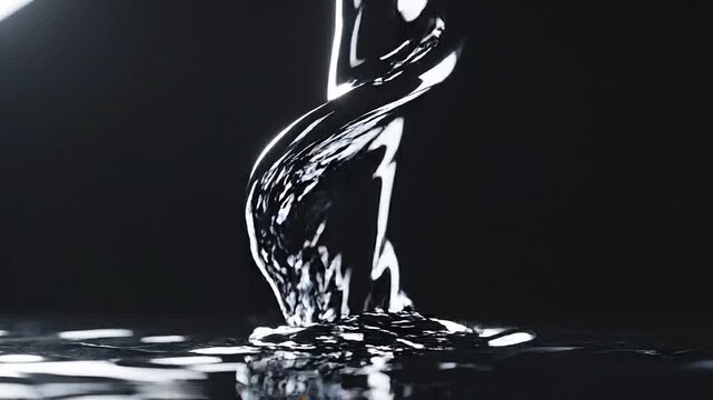 Dramatic Close-up of a Vertical Stream of Clear Water Flowing Downward and Splashing into a Dark Reflective Surface Creating Dynamic Ripples and Light Reflections Keywords: water, liquid, stream
