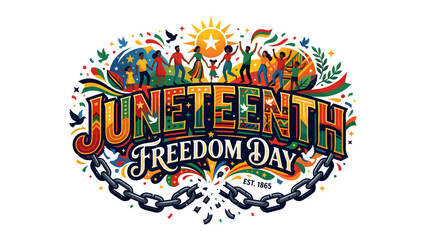 Juneteenth Freedom Day Celebration: A vibrant illustration celebrating Juneteenth, featuring diverse people dancing, raised hands, and colorful designs. © mstmahmuda