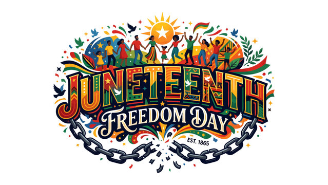 Juneteenth Freedom Day Celebration: A vibrant illustration celebrating Juneteenth, featuring diverse people dancing, raised hands, and colorful designs.