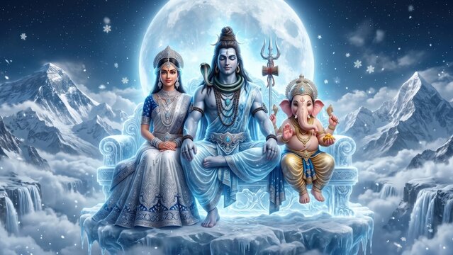Celestial Shiva Family on Frozen Himalayan Throne