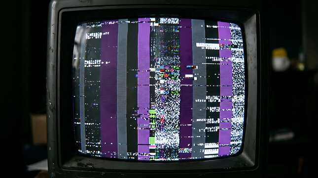 Vintage crt monitor showing colorful vertical lines and signal glitches with television interference technology electronics transmission broadcasting malfunction connection