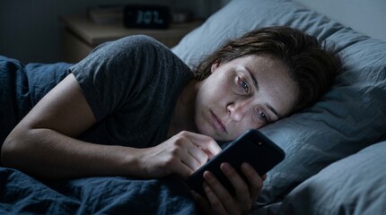 Fototapeta premium Modern Smartphone Addiction and Insomnia Concept Featuring Lonely Person Awake at 3 AM Surrounded by Darkness and Online Content