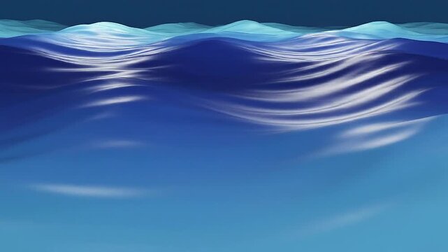 Dynamic abstract ocean waves with reflective surfaces in varying shades of blue and cyan, creating a fluid and shimmering water effect