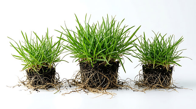 Small clusters of fresh green grass plants with visible root systems gardening agriculture vegetation landscaping isolated seedling lawncare environment