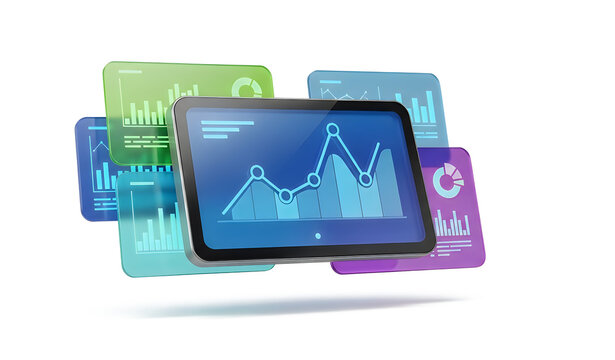 Digital tablet displaying glowing financial data charts with multiple colorful transparent screens floating around the screen in white space