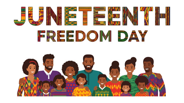 Juneteenth Freedom Day Celebration: A vibrant illustration depicts a joyous group of people celebrating Juneteenth, a commemoration of the end of slavery in the United States.