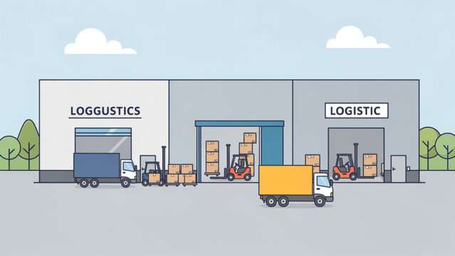 Modern warehouse with trucks forklifts and loading dock for logistics and supply chain