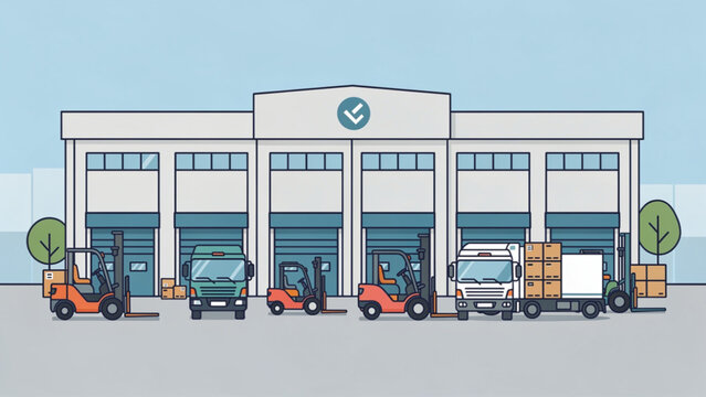 Modern warehouse facility with loading docks and trucks in a logistics operational setting