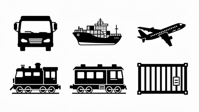 Set of black and white transportation icons including bus ships train and cargo container