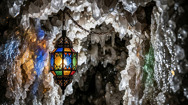 Colorful vintage lantern hanging inside dark natural crystal cave with glowing ice gems.