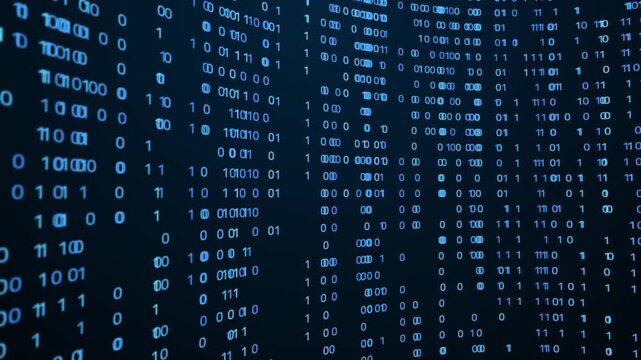 blue binary code technology background with abstract cyber network and digital data flow visualization.