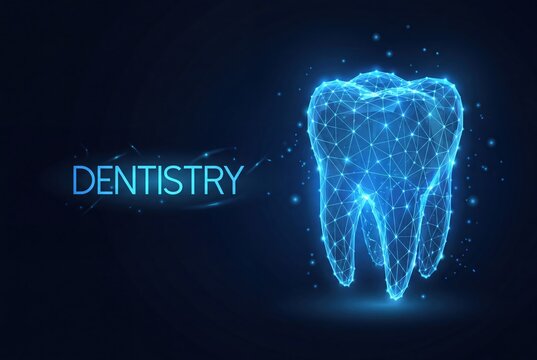Digital dental tooth model with blue polygonal mesh network technology
