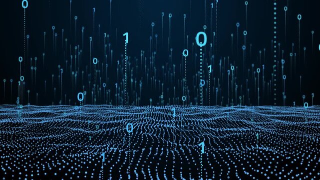 futuristic binary data landscape with glowing blue digital particles and abstract cyber technology background.