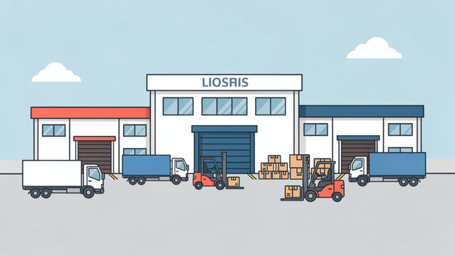Modern warehouse with trucks and forklifts showcasing logistics and industrial storage