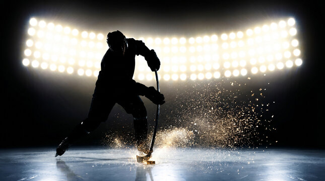 Dynamic silhouette of hockey player executing a powerful slap shot with stick on ice rink, illuminated by bright stadium lights, creating dramatic shadows and energy