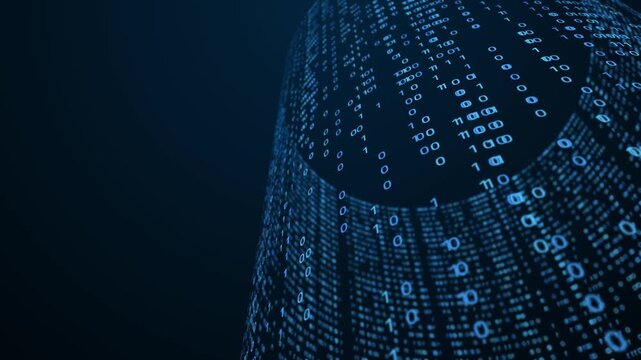 futuristic binary data stream with blue glowing code and abstract information technology background.