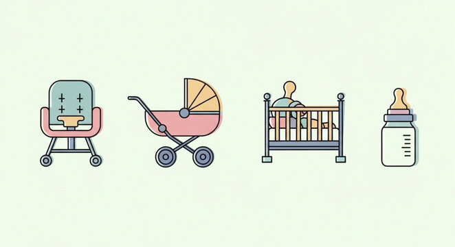 Baby items collection including stroller crib and bottle.