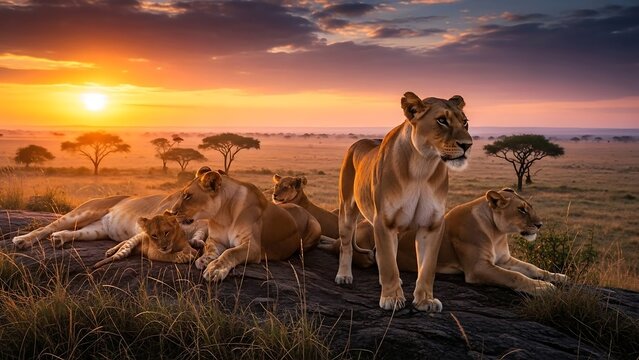 Lionesses resting on savannah at sunset.