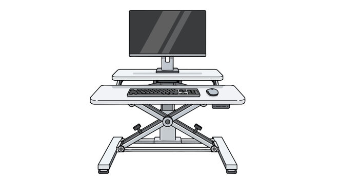Ergonomic height adjustable sit stand desk converter with monitor and keyboard isolated illustration