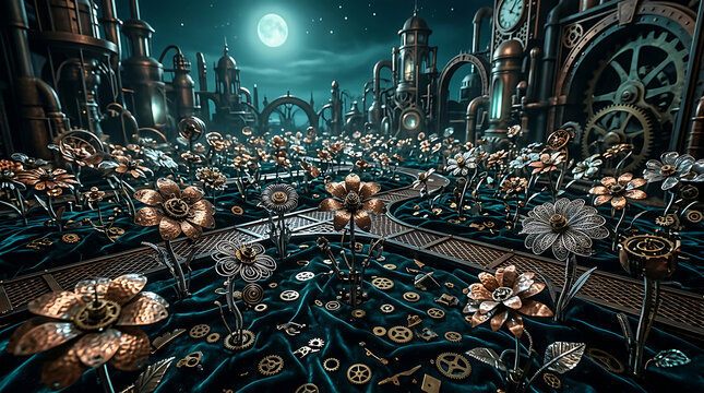 Steampunk garden filled with metallic flowers and clockwork elements under full moon.