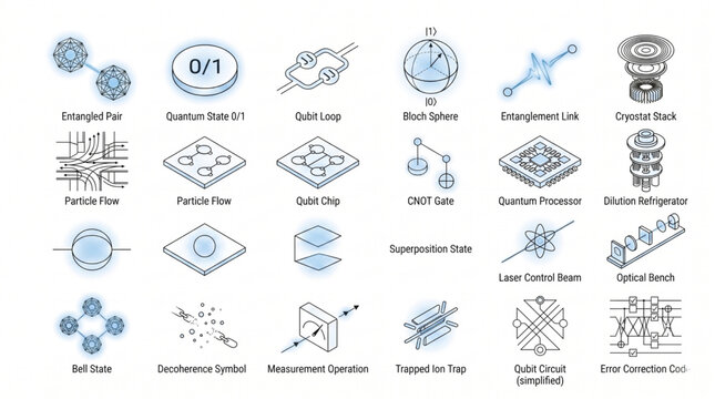 Comprehensive Quantum Computing Icon Set with Labels - Qubit, Bloch Sphere, and Entanglement Symbols