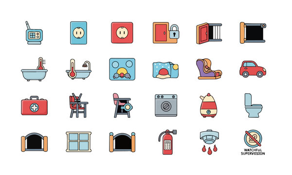 Baby safety icons set colorful solid colors cute roun