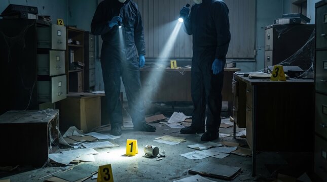 Realistic editorial style crime investigation scene in abandoned office interior featuring forensic evidence search, dust particles and dramatic lighting