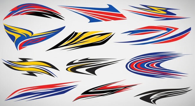 Collection of abstract racing car decals and stickers.