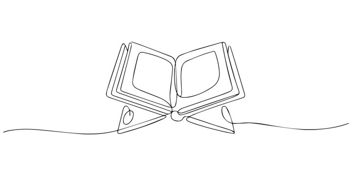 Continuous one line art drawing of open Quran Ramadan concept vector illustration, Continuous single line drawing of an open holy quran book on a wooden rehal stand for islamic religious study and pro
