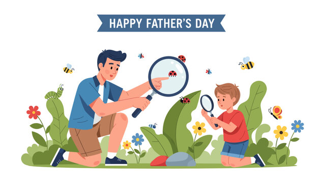 Father's Day Adventure: A father and son explore nature, observing ladybugs with magnifying glasses amidst a vibrant garden filled with flowers and buzzing bees, celebrating Father's Day.