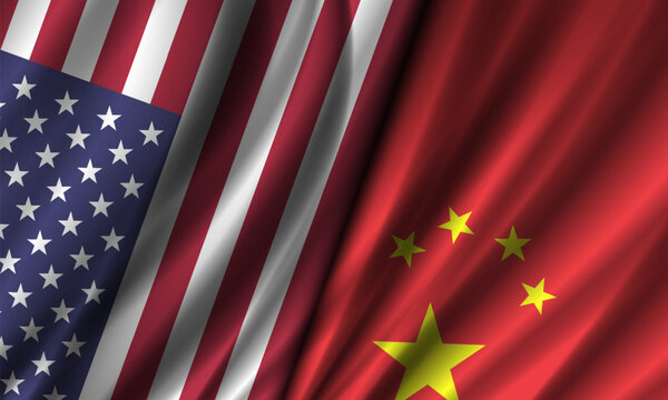 Vector wavy national flags of United States of America and Peoples Republic of China. American and Chinese political wide banner. Stars and striped