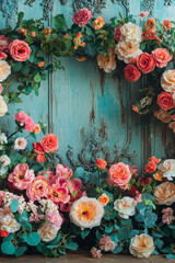 Fototapeta premium A colorful floral wreath adorns a wooden surface, perfect for decoration or photography props. vertical frame