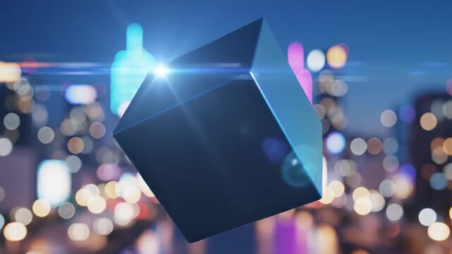 Floating dark cube over bokeh city skyline at night