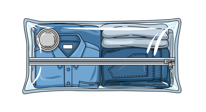 Neatly Folded Clothes and Denim Jeans in Transparent Travel Packing Cube Illustration