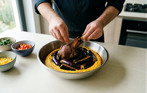 Man with beard in black shirt prepares Hunkar Begendi, braised lamb over smoky eggplant puree, in modern kitchen. Concept of culinary art and authentic flavors.