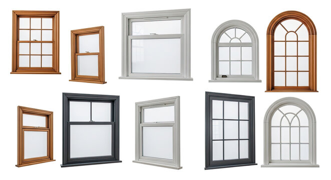 A collection of various window designs is displayed against a transparent background. The windows showcase different styles, including double-hung, casement, awning, and geometric designs.