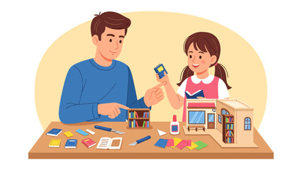 Fototapeta premium Father and Daughter Crafting a Miniature World: A father and his young daughter are engrossed in a delightful crafting session.