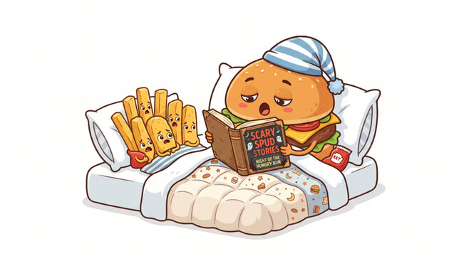 Cute Burger Reading Bedtime Story to Scared French Fries Illustration