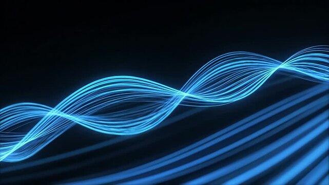 Glowing blue wave forms undulate dynamically across dark space