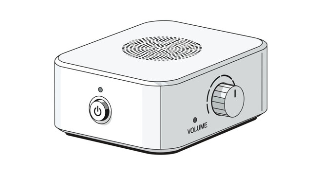 Small White Compact Electronic Audio Device with Volume Control Knob and Power Button, Illustration of Minimalist Desktop Amplifier or Speaker