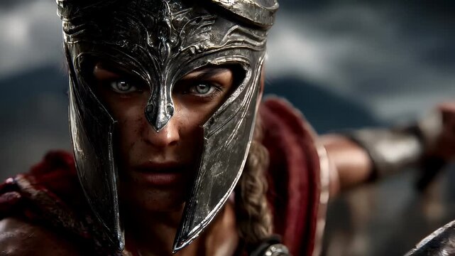 Fantasy wallpaper. A closeup of a warriors face and upper torso. The warrior wears a metallic helmet with intricate designs and a prominent nose guard. The helmets visor reflects light.