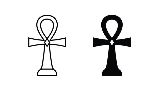 Ancient Egyptian ankh cross symbol in outline and solid black silhouette styles for spiritual design projects