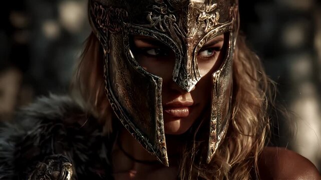 Fantasy wallpaper. A closeup portrait of a warrior, captured in a dramatic and intense style. The warrior wears a detailed, ornate helmet with intricate patterns and designs.