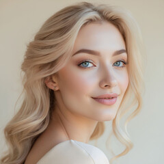 Naklejka premium Artistic blonde beauty portrait capturing flawless skincare elegance beside vibrant haircare promotional background visuals