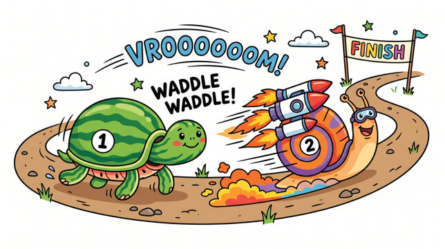 Slow and Fast Animal Race Cartoon Vector Illustration