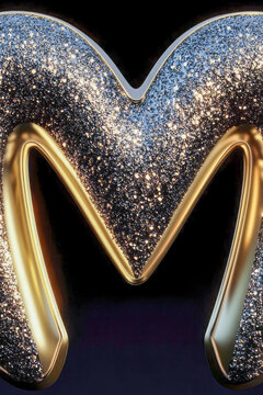 A single gold letter 'M' with a shiny surface, ideal for use in luxury or modern designs. vertical frame