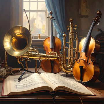 Classical musical instruments on table
