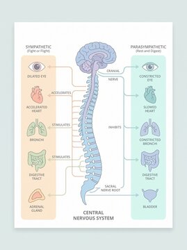 The human nervous system illustrates internal anatomy with a detailed visualization of the brain, spinal cord, and organs.